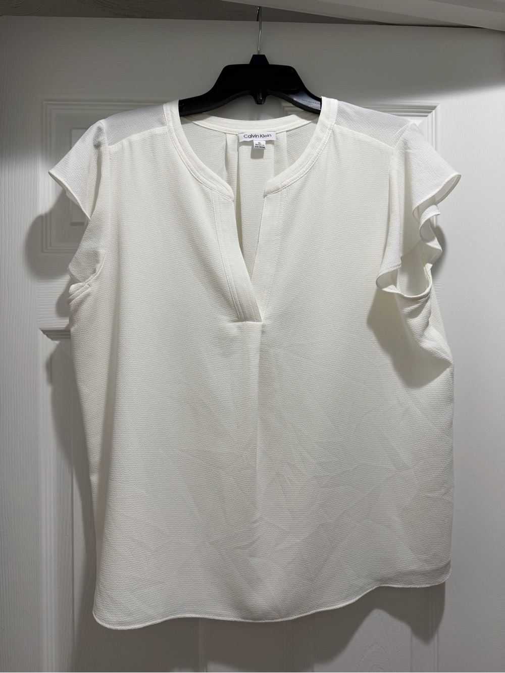 Calvin Klein Ivory Ruffle Cap-Sleeve V-Neck Top